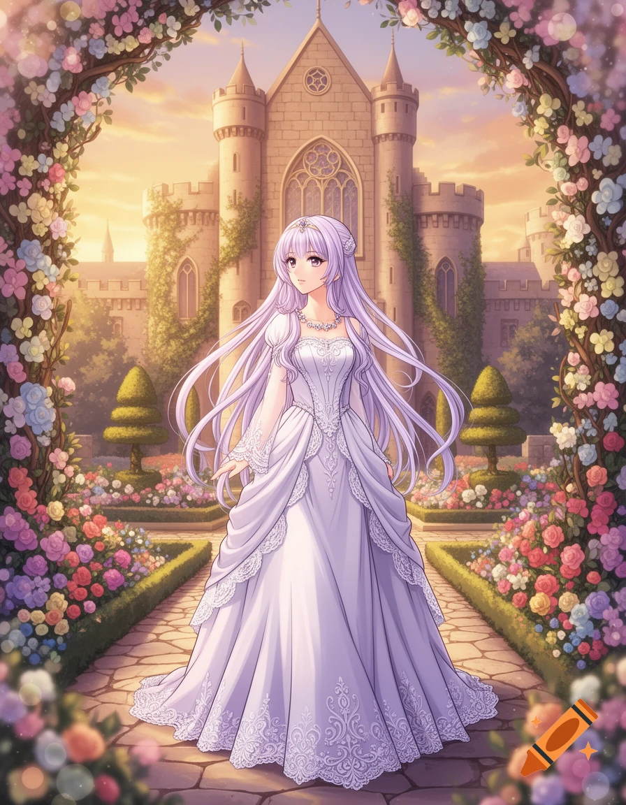 An anime woman with long lavender hair in a white gown stands in a fairytale garden with a castle in the background at sunset.