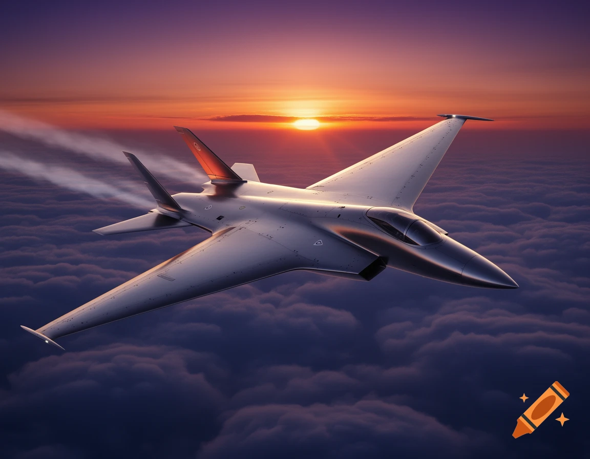 A sleek, silver futuristic jet flies high above purple clouds during a vibrant orange and purple sunset.