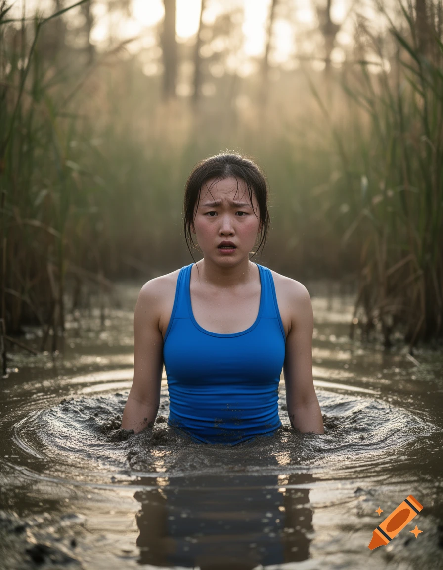 A distressed Korean girl in a blue tank top is stuck waist-deep in muddy quicksand, surrounded by reeds in a misty outdoor setting.