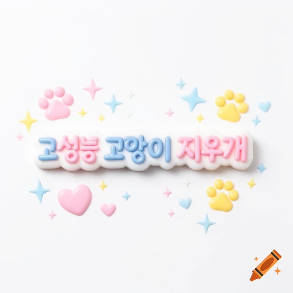 Pastel 3D Korean text '고성능 고양이 지우개' with pink paw prints, blue stars, and pink hearts on white background.