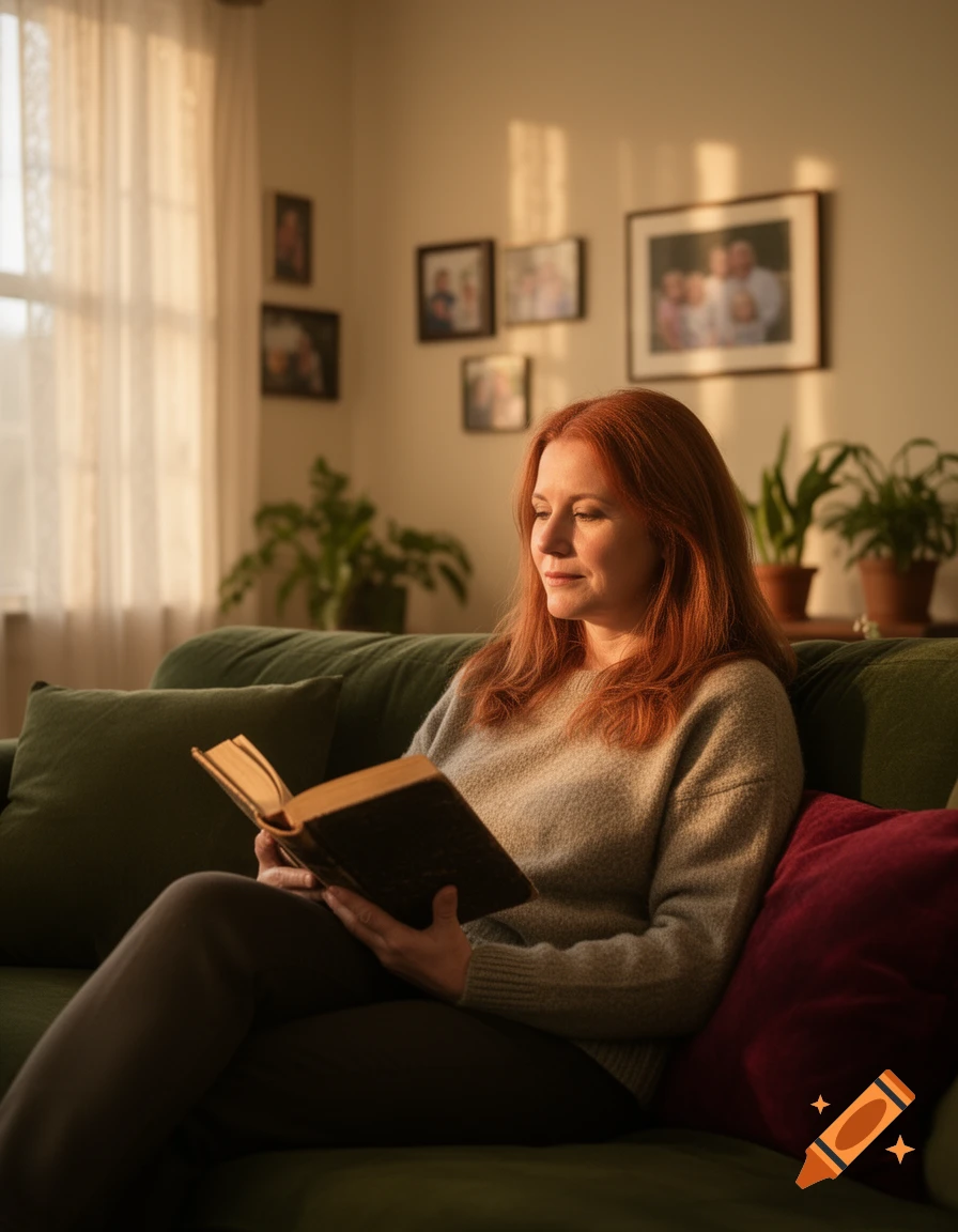 A woman with red hair sits on a green couch, reading a book in a cozy living room bathed in golden sunlight.