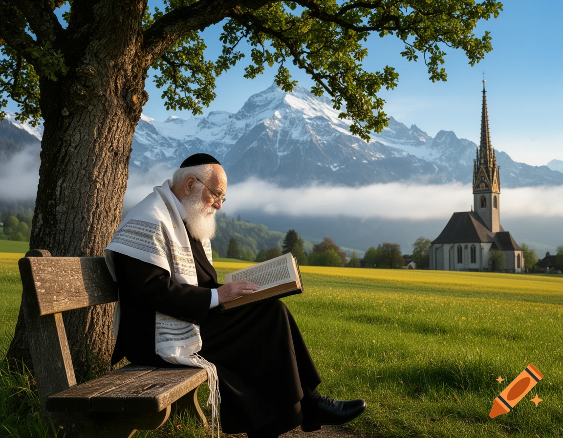 Elderly bearded man in Jewish attire reads a book on a bench under a tree, with mountains and a church in a sunny, green landscape.