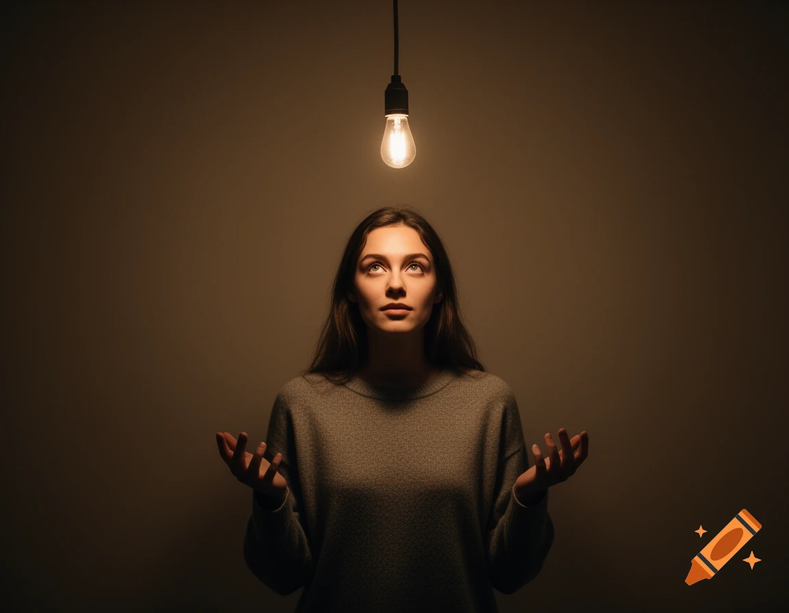 A young woman looks up intently at a glowing lightbulb, her hands slightly raised, in a dimly lit, thoughtful scene.