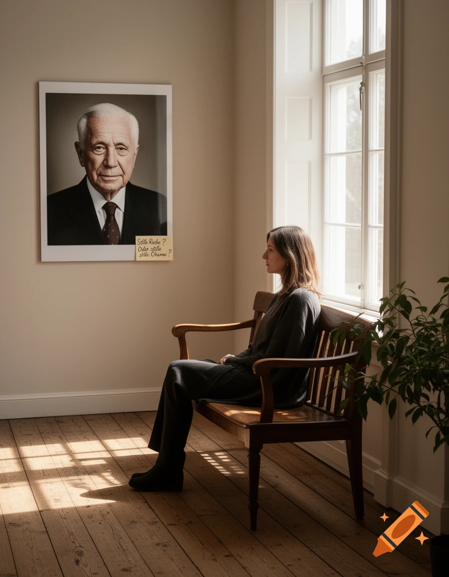 A woman sits on a bench, gazing at a portrait of an older man with a sticky note on a wall in a sunlit room.