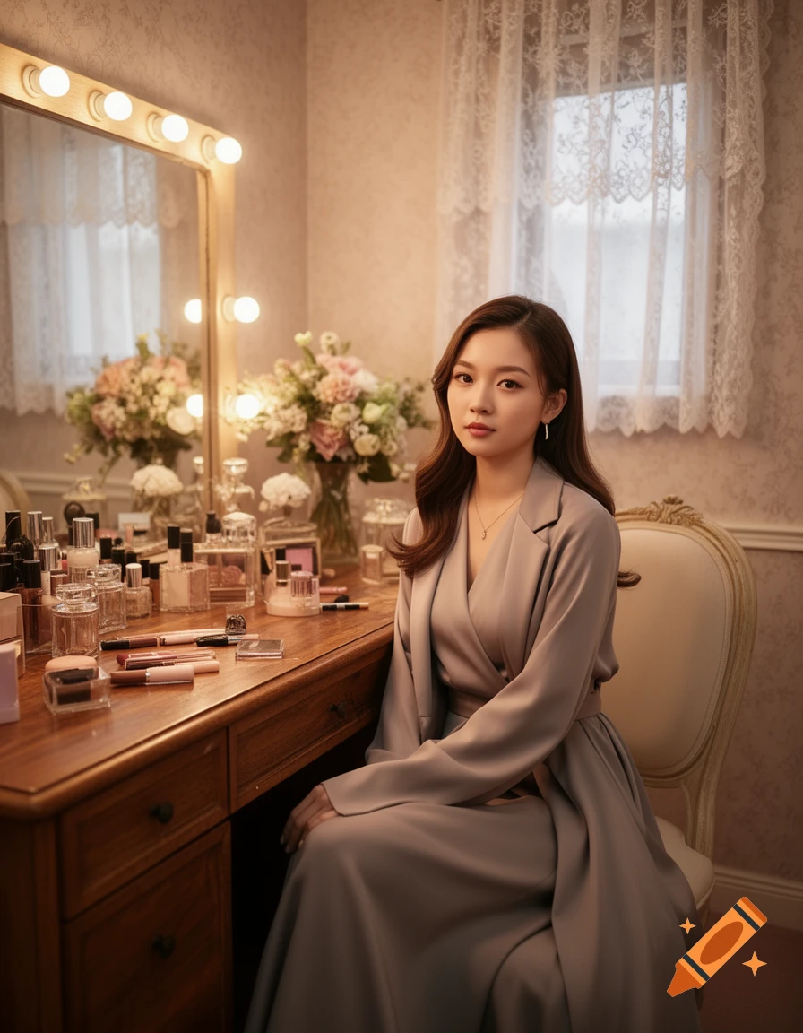A photorealistic portrait of a woman in a grey dress sitting at a wooden vanity table filled with makeup products and flowers, looking at the viewer.