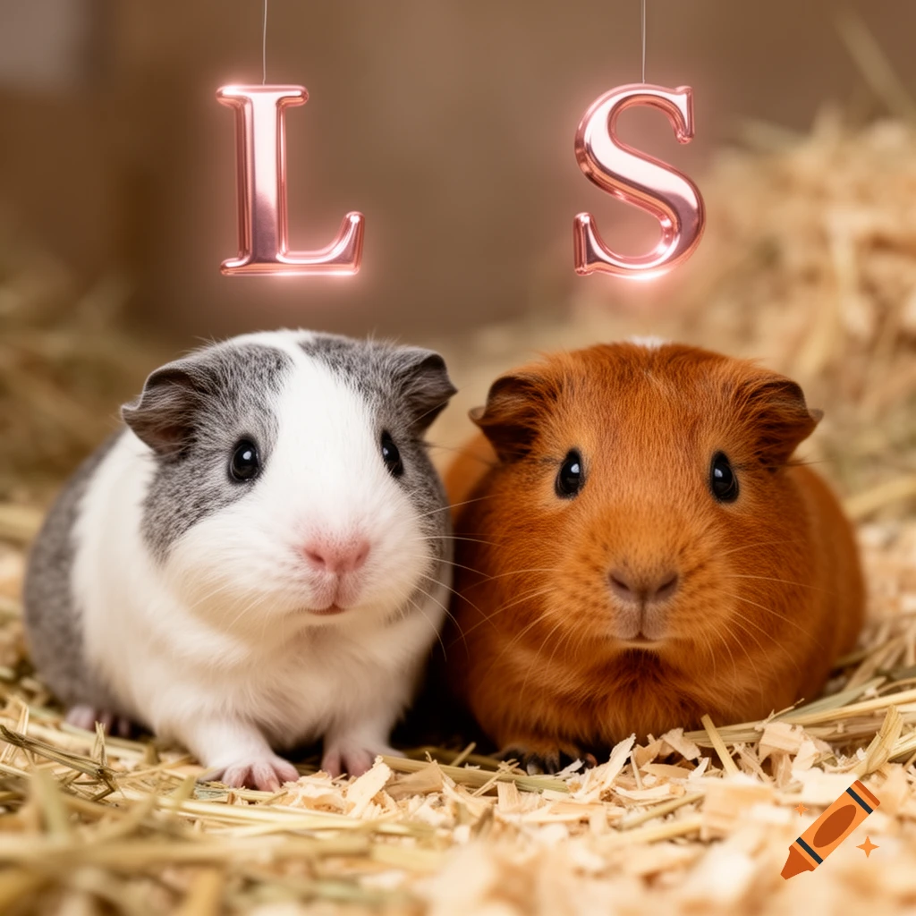 Two guinea pigs, one grey and white, one orange-brown, on wood shavings with rose gold letters 'L' and 'S' hanging above.
