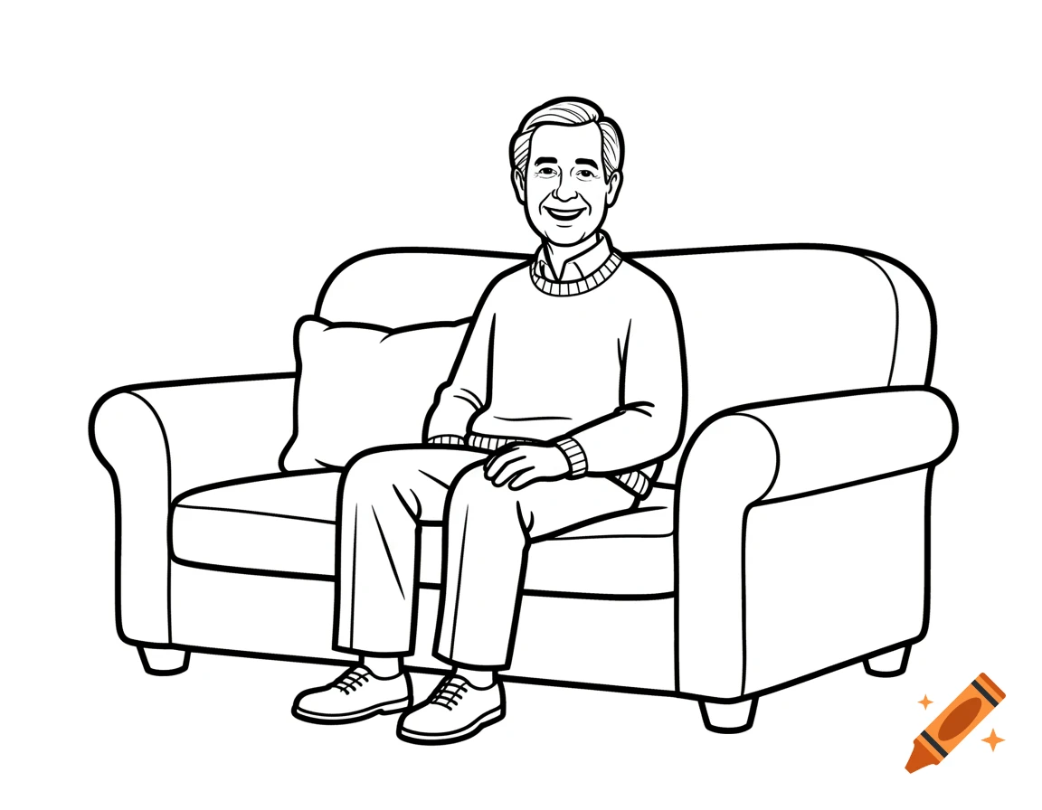 A black and white coloring page of Mister Rogers, smiling and sitting on a cozy sofa, with thick black outlines and no shading.
