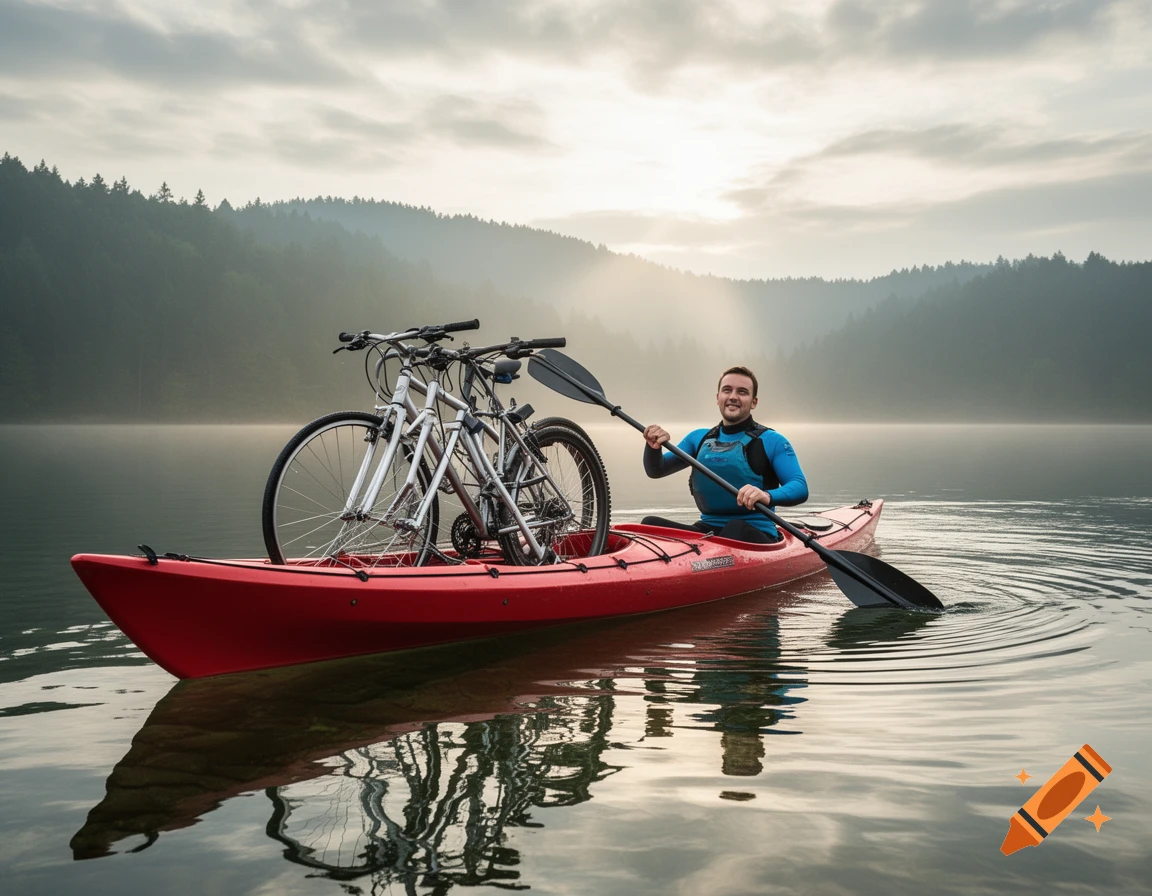 Man in a red kayak holding a paddle on a misty lake, with two bicycles stowed in the boat and forested hills in the background.