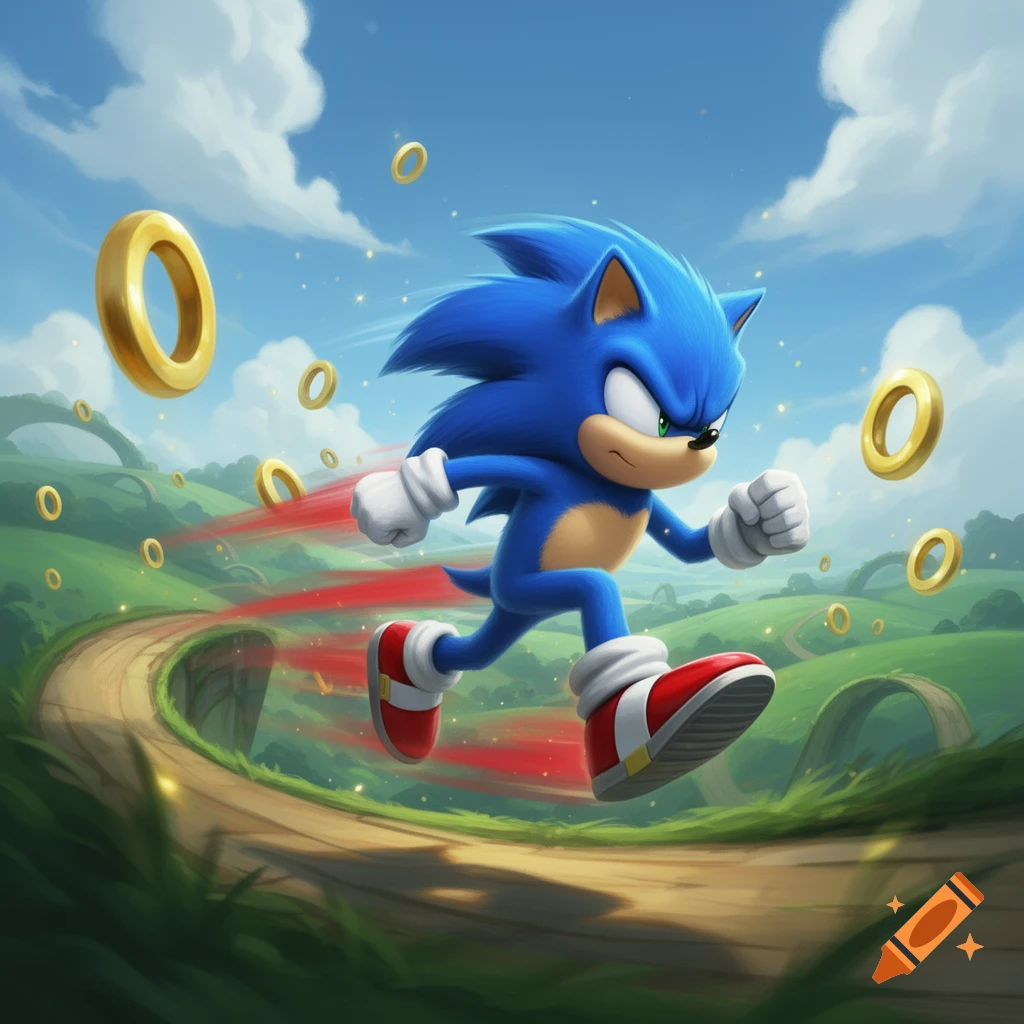Sonic the Hedgehog runs through Green Hill Zone, collecting golden rings, under a blue sky.
