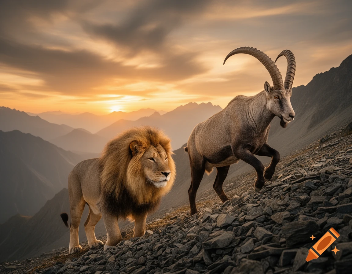 A lion and an ibex walk side-by-side on a rocky mountain slope at sunset. Realistic nature photography.