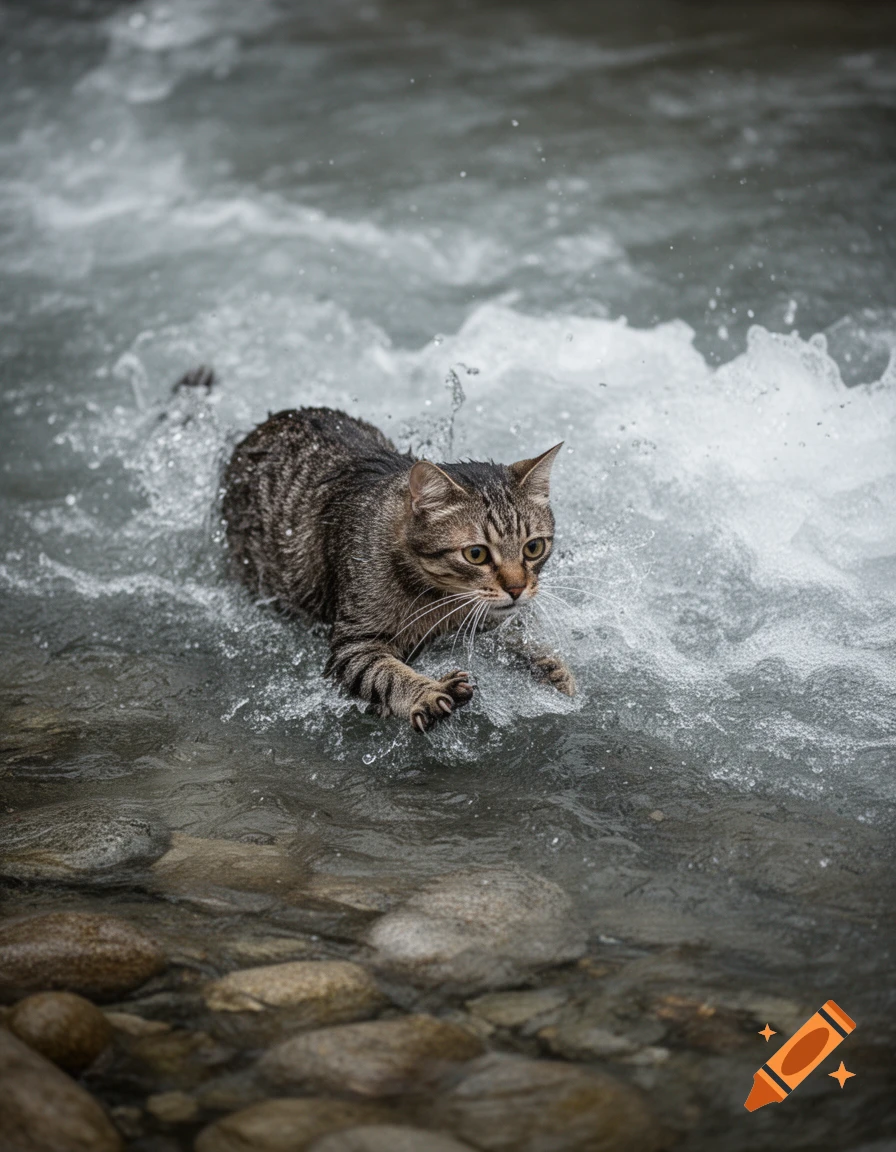 A wet tabby cat with wide eyes navigating turbulent, splashing river water, with stones visible below.