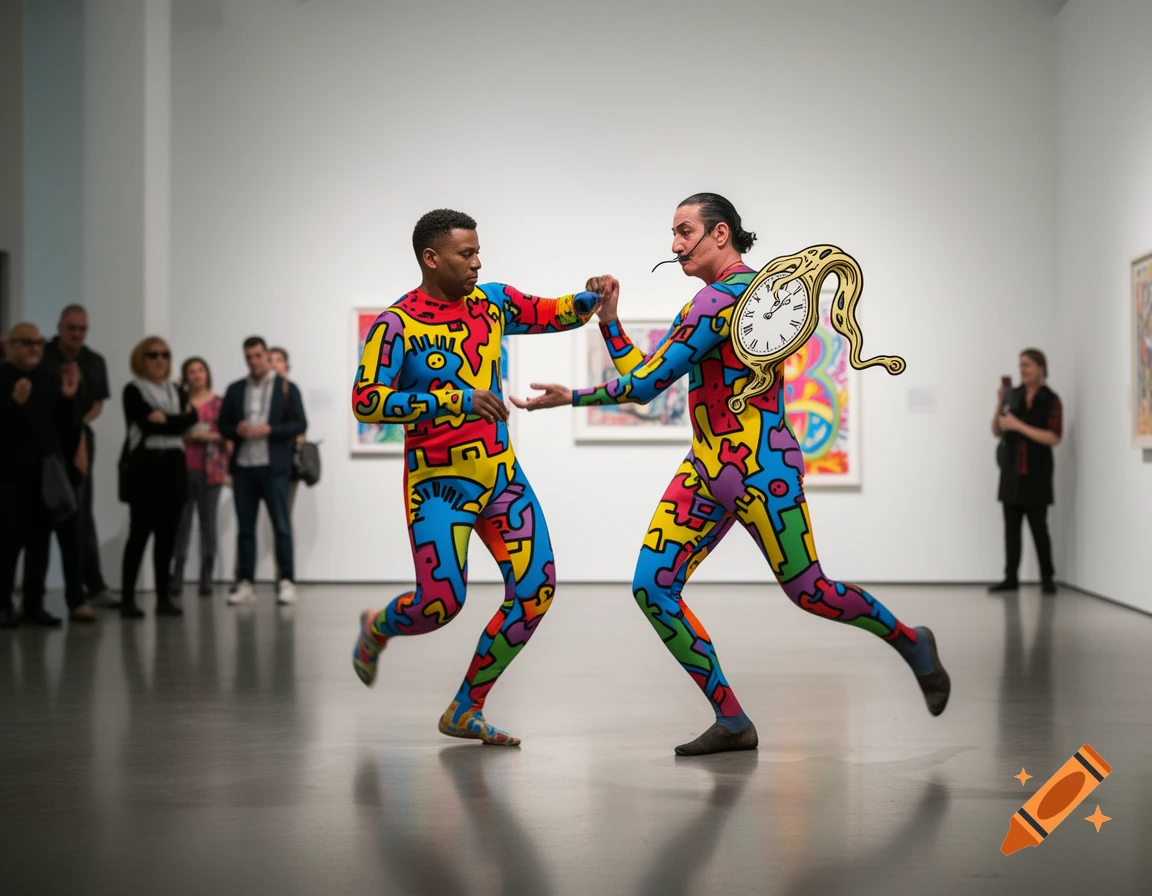 Two men in colorful bodysuits dance in an art gallery, one in Keith Haring style and the other as Salvador Dalí with a melting clock.