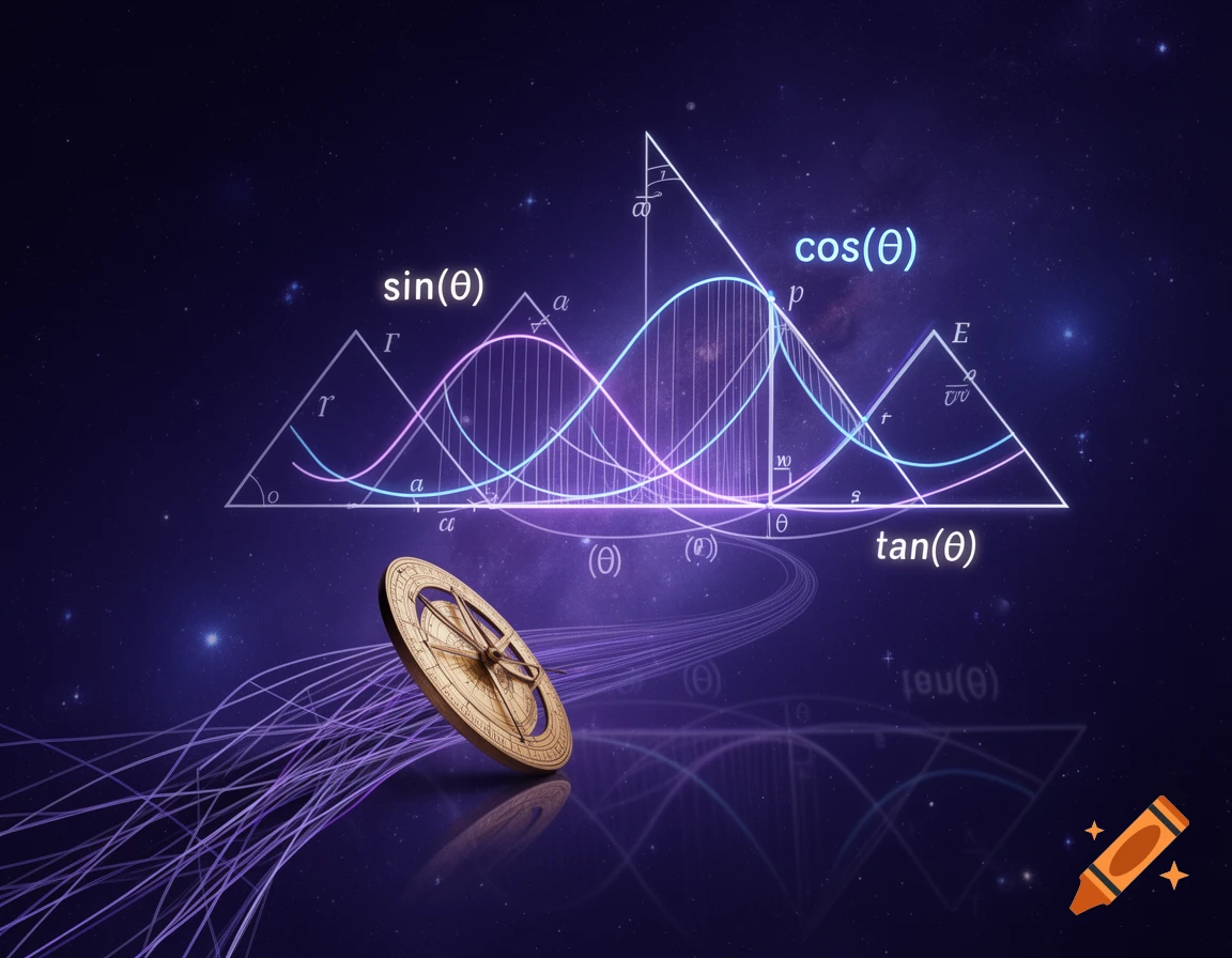 Glowing trigonometric functions (sine, cosine, tangent) graphed on geometric triangles with a golden astrolabe against a starry purple space background.