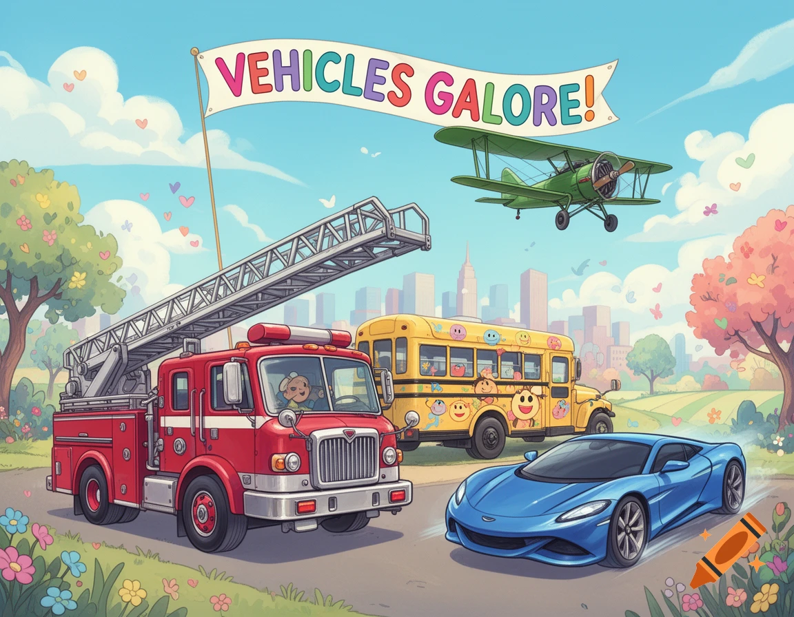 Colorful cartoon illustration of a fire truck, school bus, blue sports car, and green biplane with a 'VEHICLES GALORE!' banner.