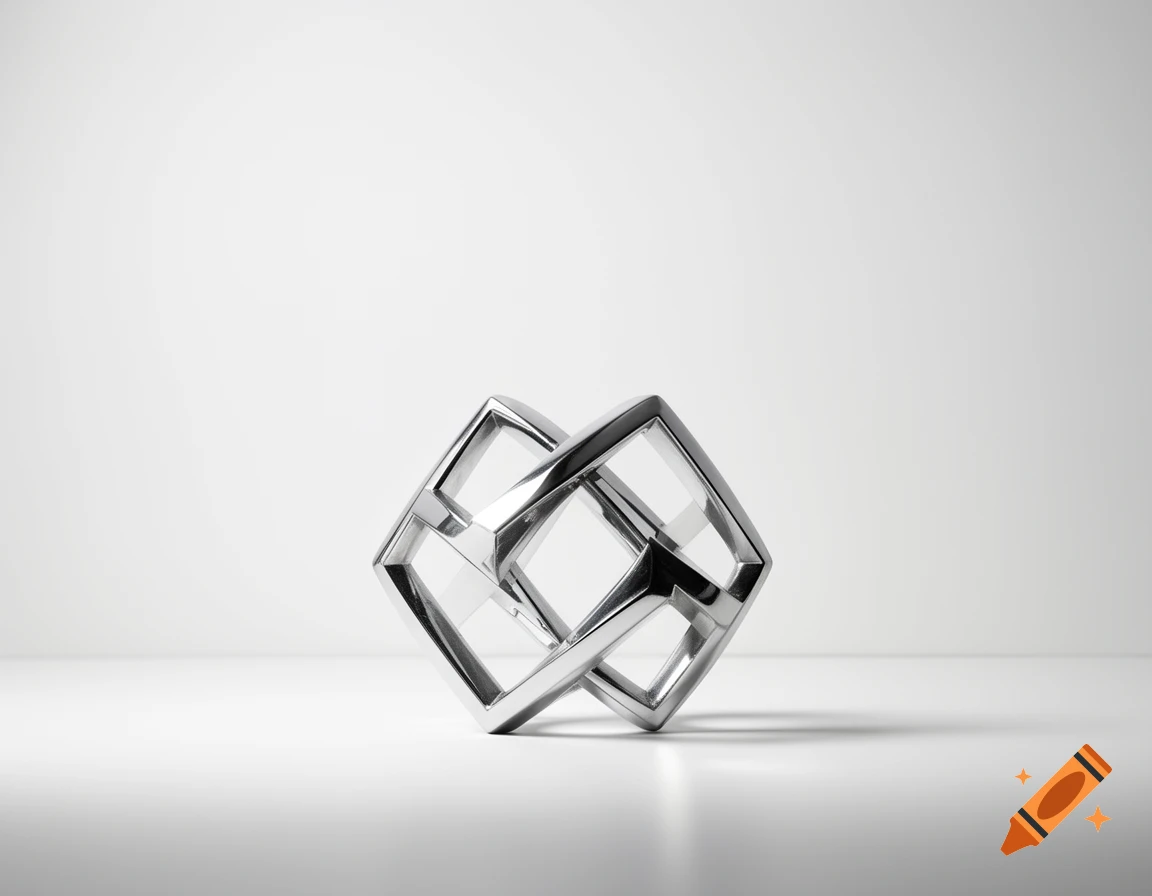 A silver metallic abstract interwoven cube-like sculpture on a white background.