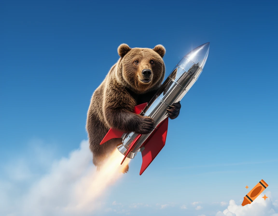 Photorealistic brown bear flies a silver and red rocket through a bright blue sky with smoke and fire.