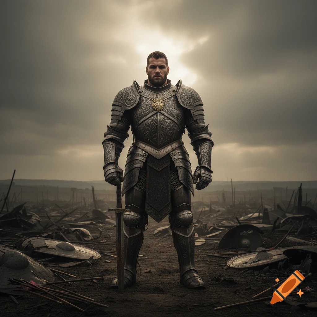 A bearded warrior in ornate full plate armor stands on a desolate, debris-strewn battlefield under a cloudy sky, holding a sword.