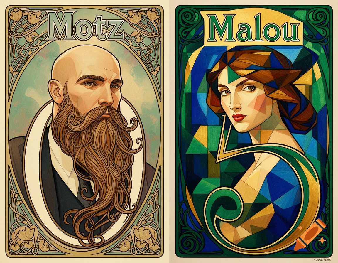 Two colorful Art Nouveau style portraits side-by-side. On the left, a bald man with a long, flowing beard. On the right, a woman with geometric features, integrated with the number 5, in a cubist-influenced style.