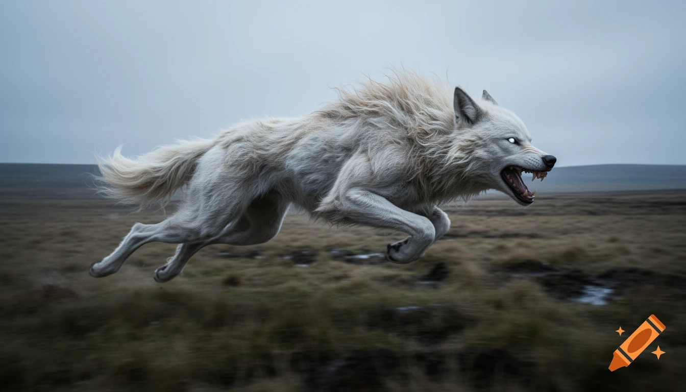 A giant white wolf-like creature with glowing eyes runs fiercely across a desolate moorland under a grey sky, motion blur.