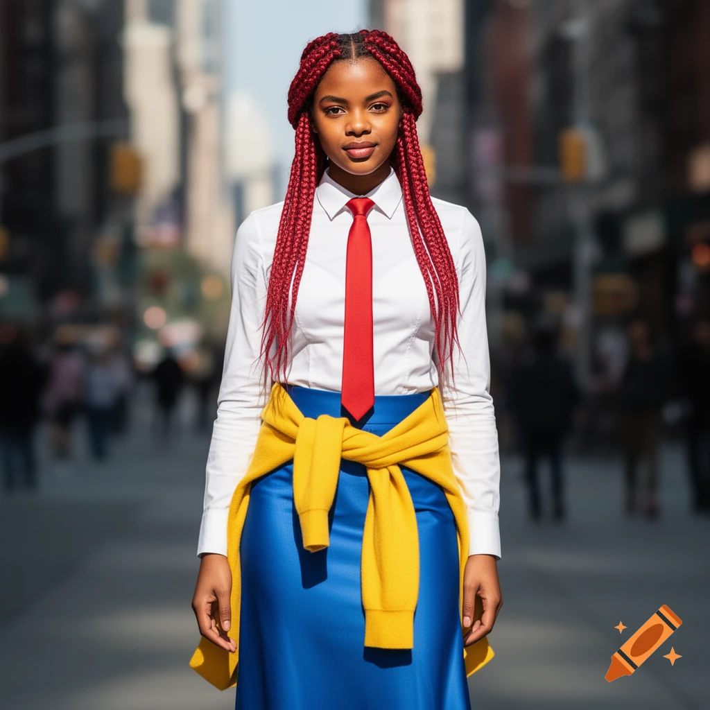 A woman with red braided hair, wearing a white shirt, red tie, blue skirt, and a yellow sweater tied around her waist, stands on a city street.
