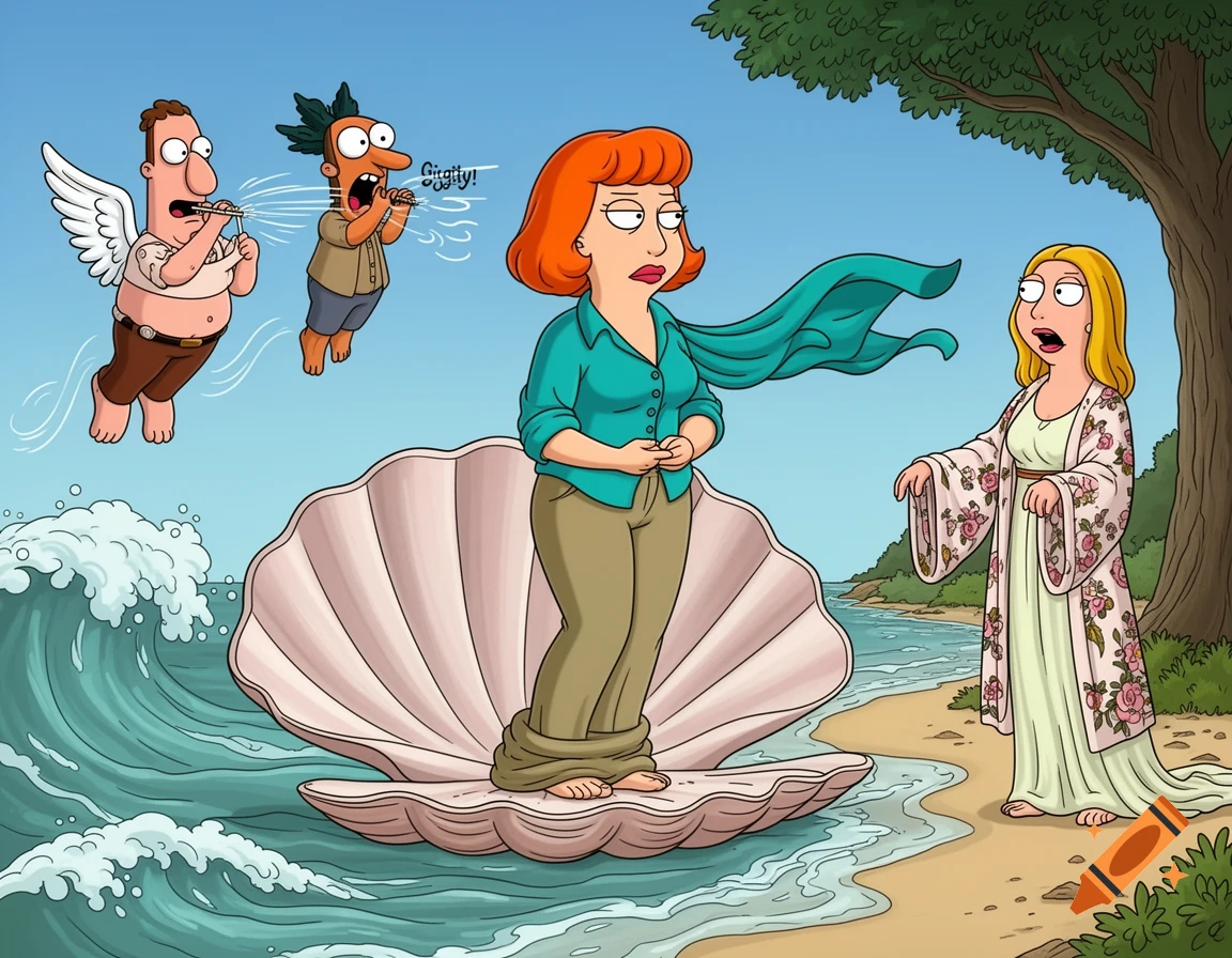 Lois Griffin stands as Venus in a clam shell, with Peter Griffin and Quagmire blowing wind, and Bonnie Swanson on the shore, in a cartoon parody.