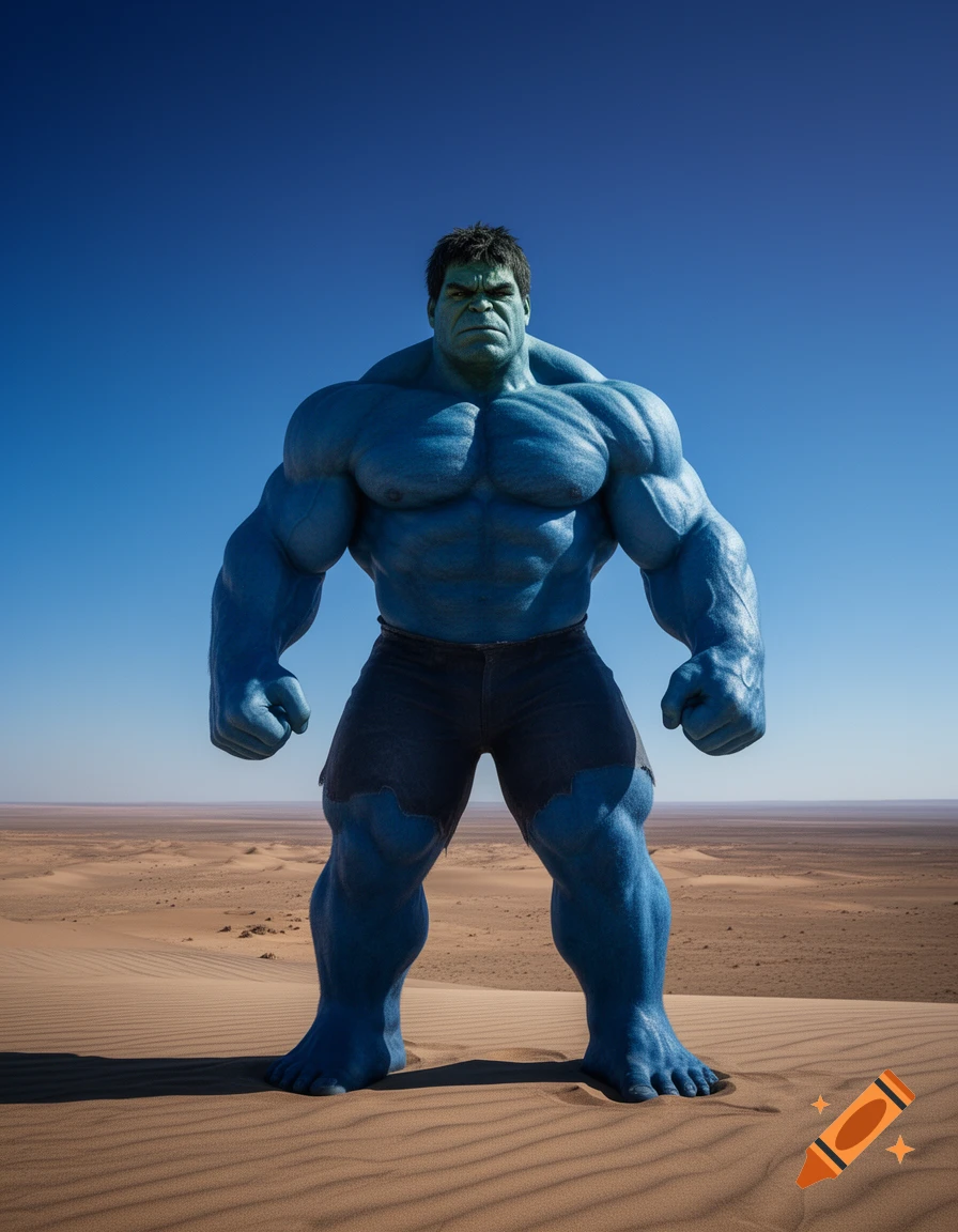A muscular blue-skinned Hulk-like figure stands on desert dunes under a clear blue sky.