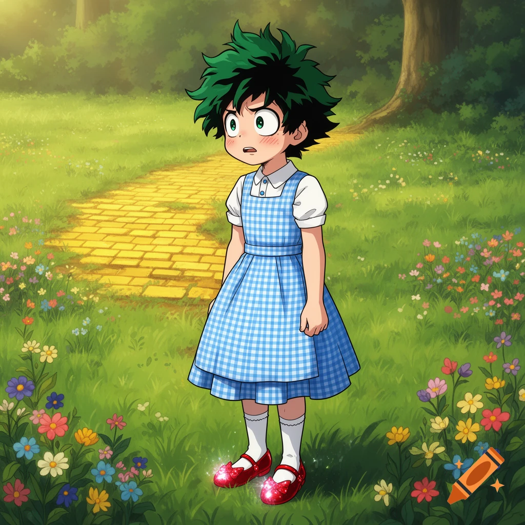 Anime illustration of Deku from My Hero Academia dressed as Dorothy from Wizard of Oz, looking embarrassed on a yellow brick road.