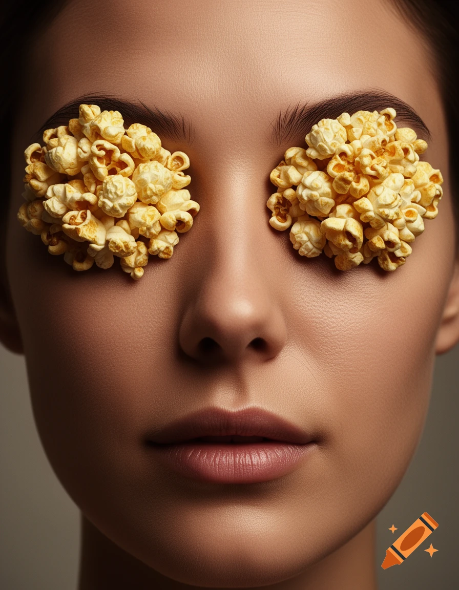 Close-up surreal photorealistic portrait of a person with popcorn covering their eyes.