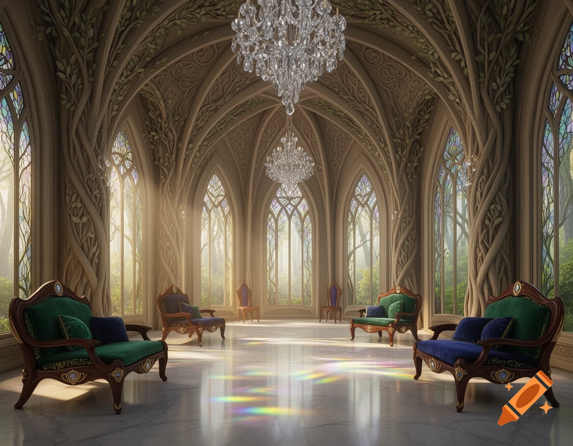 Opulent elvish castle interior with tree-like vaulted architecture, stained glass windows, crystal chandeliers, and elegant armchairs.