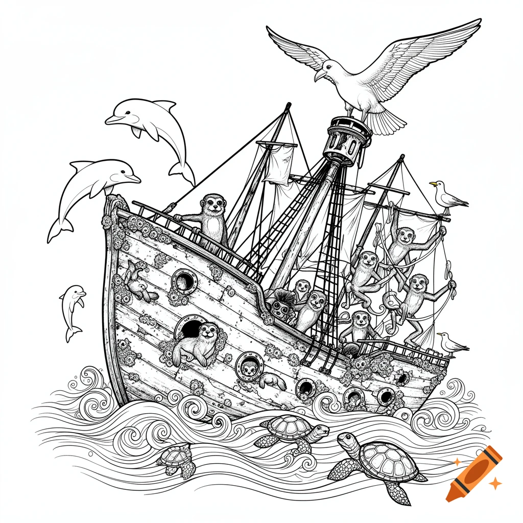 Black and white coloring book style illustration of a shipwreck taken over by animals, with dolphins and sea turtles in the water.