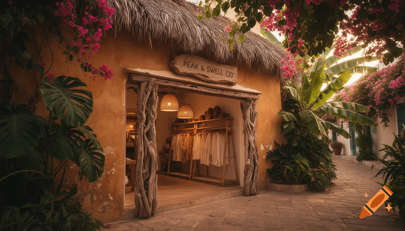 A rustic tropical storefront with a thatched roof, 'PEAK & SWELL CO.' sign, driftwood pillars, and bougainvillea in golden hour light.