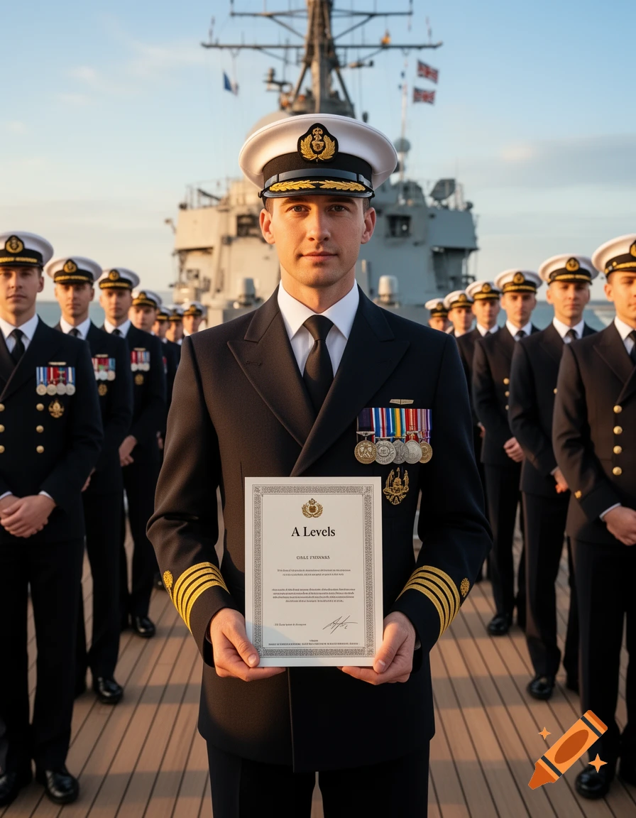 British naval officer in dress uniform holding an "A Levels" certificate, with other sailors on a ship's deck at sunset.