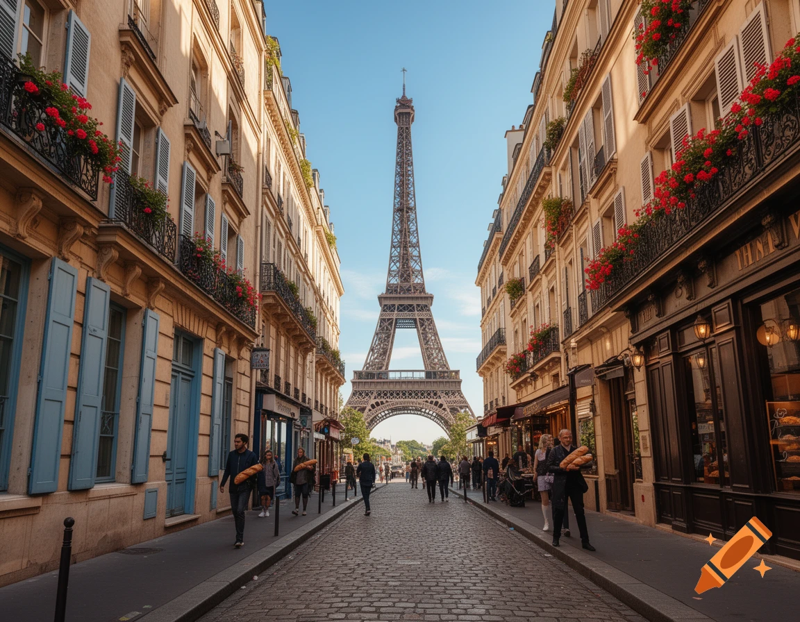Photorealistic view of the Eiffel Tower at the end of a charming, bustling Parisian cobblestone street lined with buildings and shops.