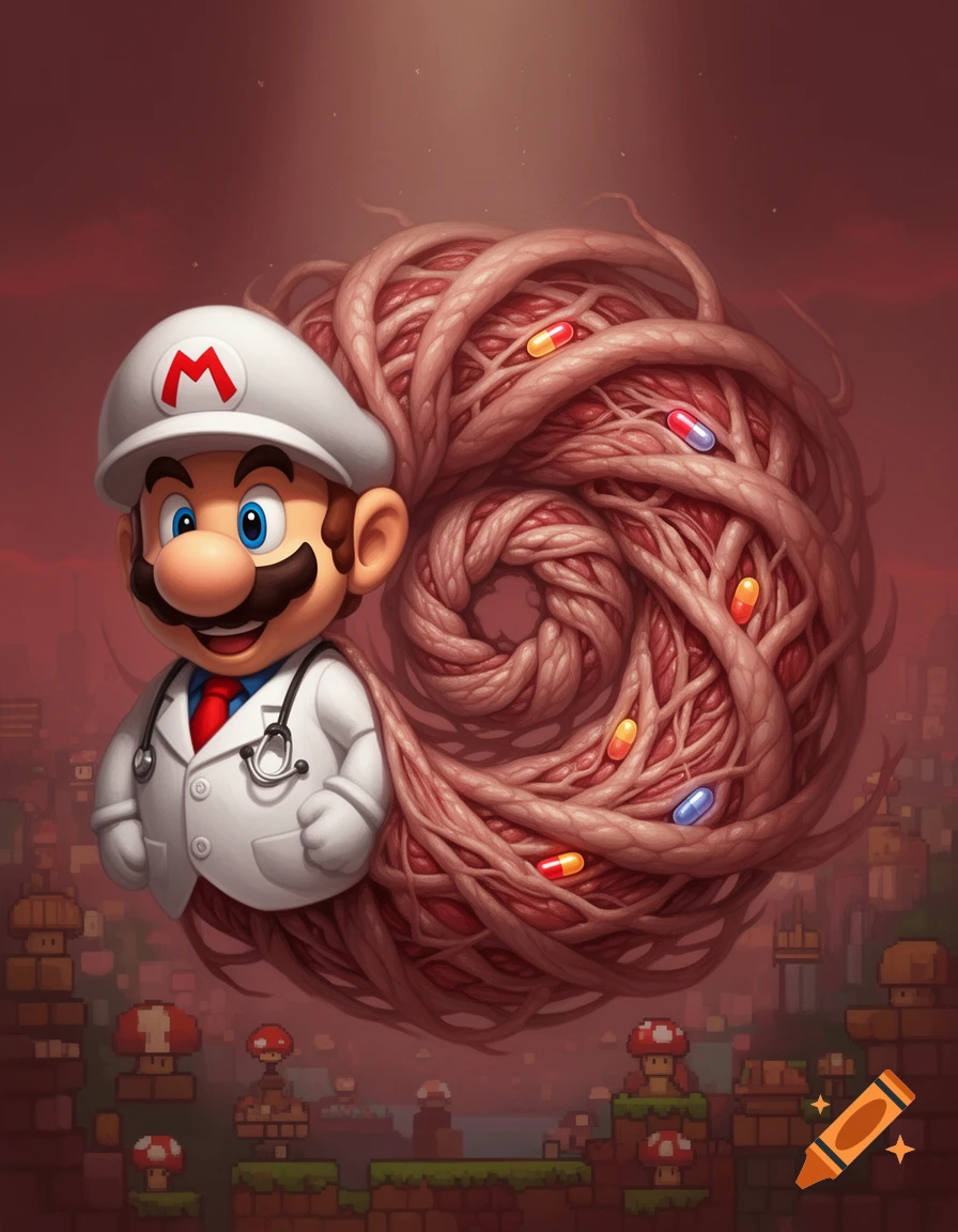 Doctor Mario in a white coat and cap with an 'M', smiling, with a swirling spiral of fleshy, organic material and colorful pills emerging from his back, set against a pixelated background.