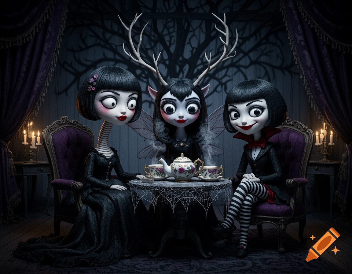 Burtonesque illustration of three stylized goth girls, a long-necked one, an antlered faerie, and a vampire, having tea in a dark parlor.