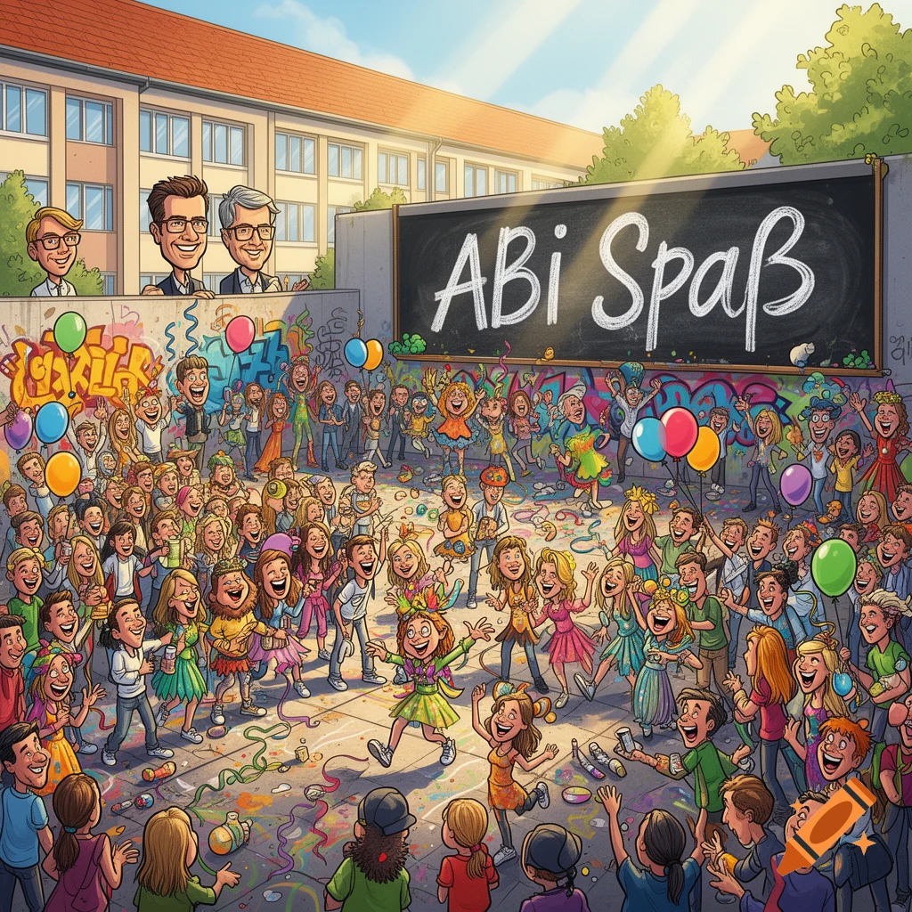 A lively cartoon of students celebrating graduation day in front of a school, with 'ABi Spa R ' on a blackboard.