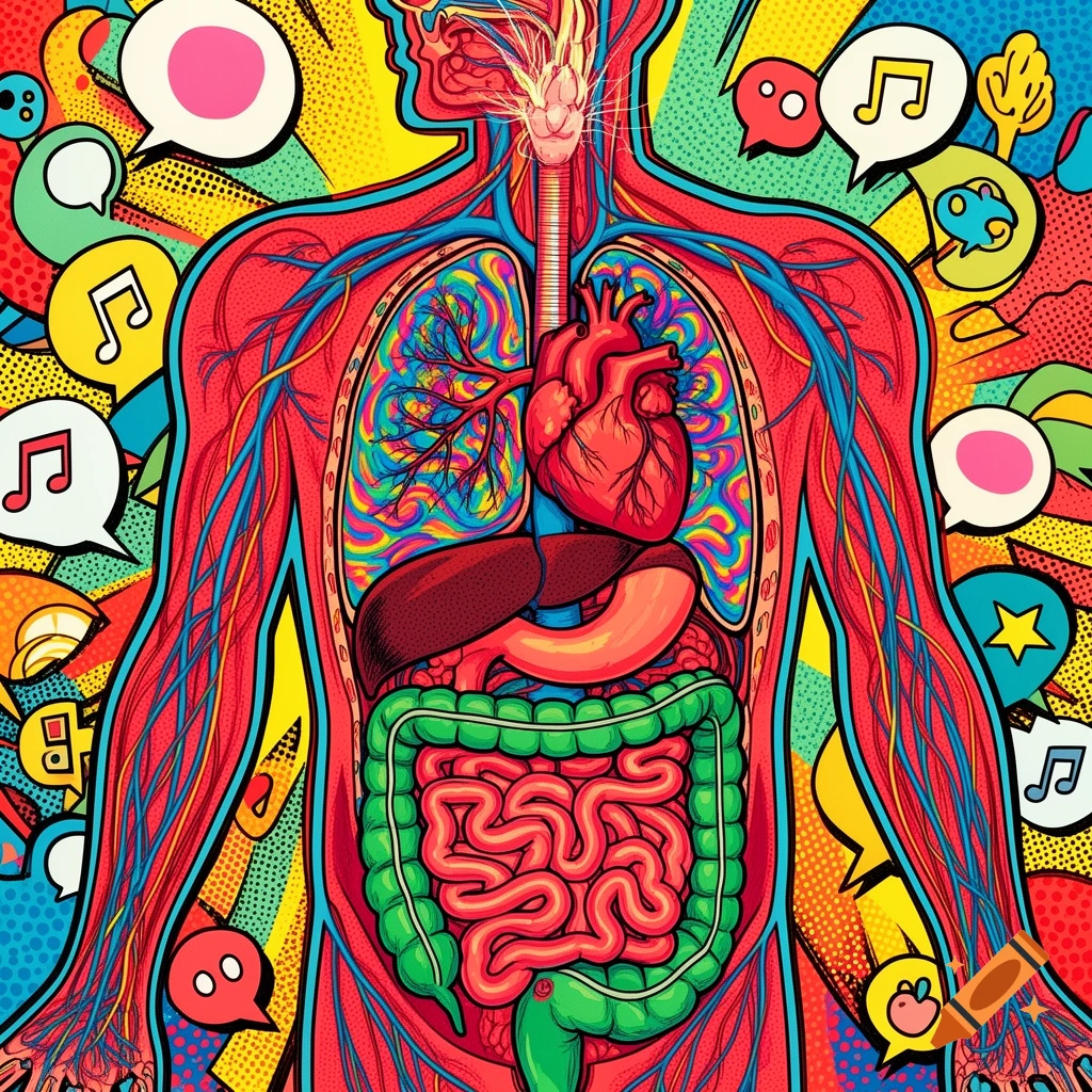 A vibrant pop art illustration of the human body's internal organs, surrounded by colorful thought bubbles and abstract patterns.