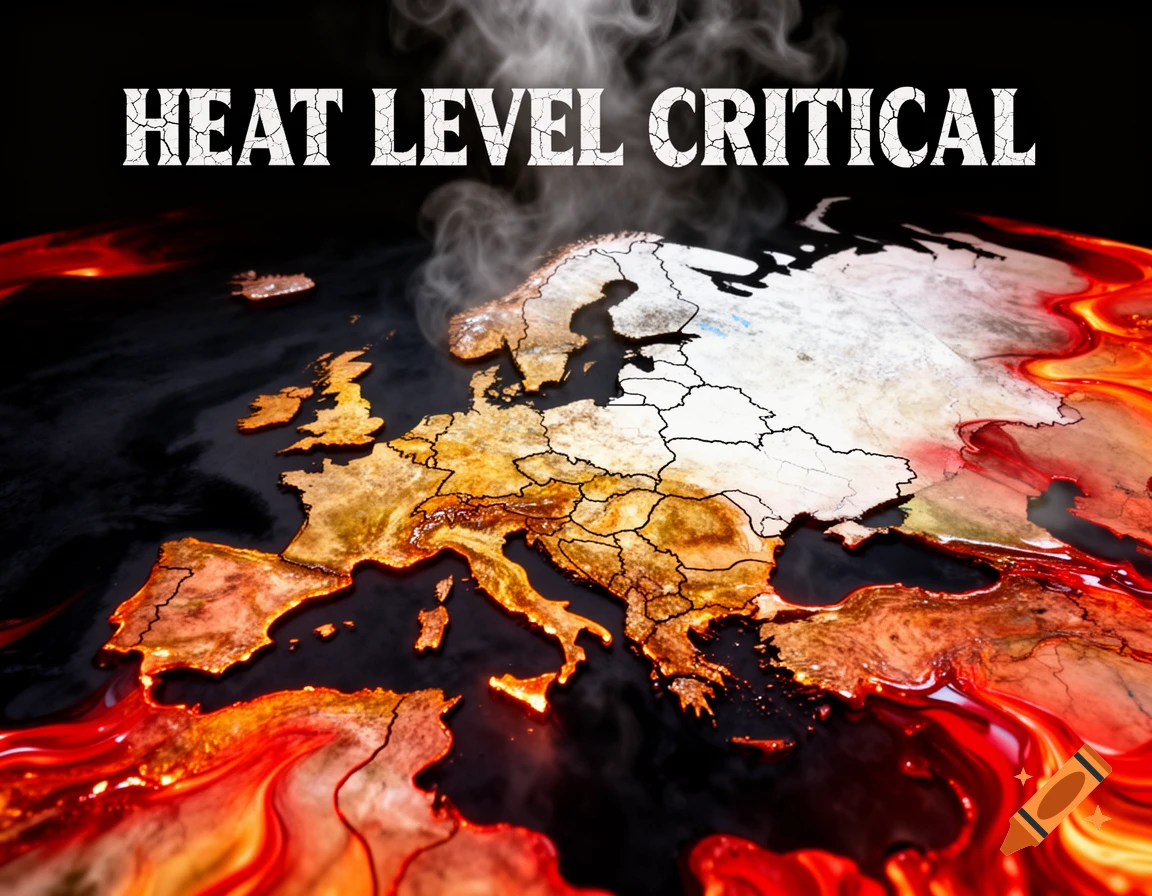 A stylized map of Europe, with western and southern parts appearing to melt into fiery lava, emitting smoke. Text reads 'HEAT LEVEL CRITICAL'.