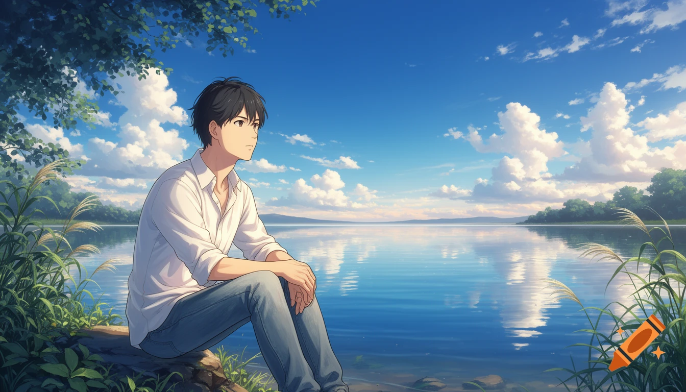 An anime-style young man sits by a tranquil lake reflecting a bright blue sky with fluffy clouds, surrounded by lush greenery.