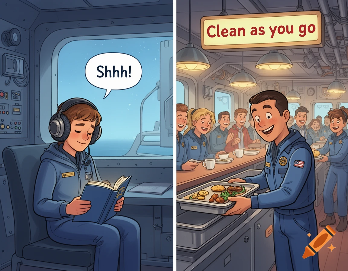 Cartoon split view of a ship. Left: Person with headphones reads in a cabin with "Shhh!" bubble. Right: Crew in a mess hall, "Clean as you go" sign, one puts a tray away.