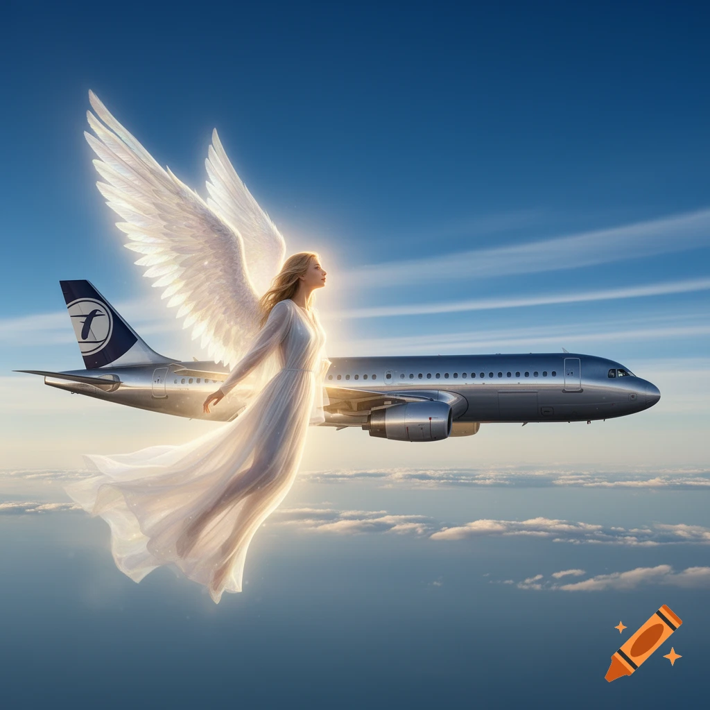 A beautiful angel with white wings and a flowing gown flying alongside a silver airplane in a clear blue sky above clouds.