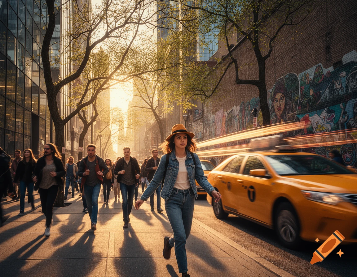 A woman in a hat and denim jacket strides along a sunlit city sidewalk with a yellow taxi speeding past, motion-blurred, and other people in the background.