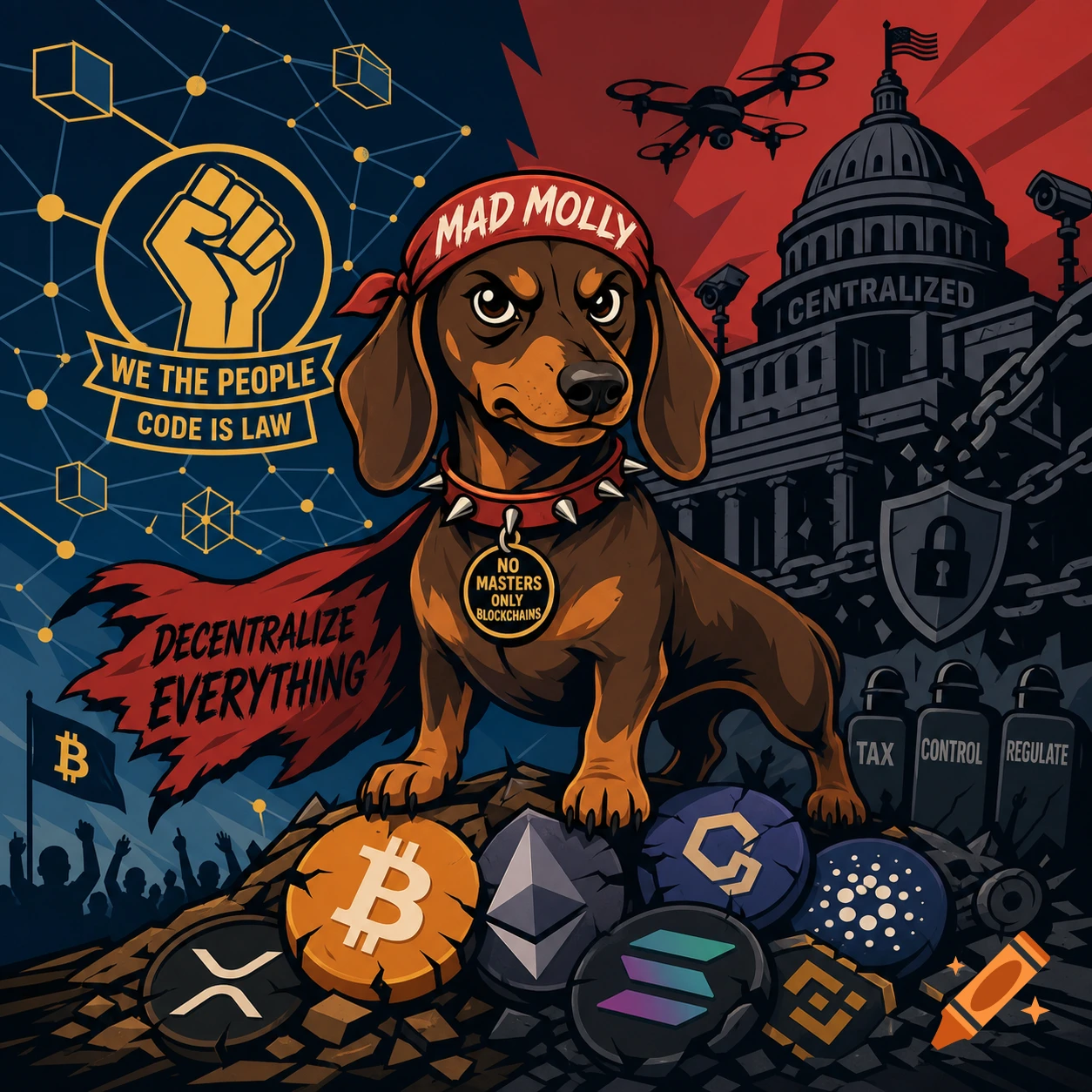 Cartoon dachshund 'Mad Molly' in a bandana and cape stands on crypto coins, opposing a 'CENTRALIZED' government building. Political illustration.