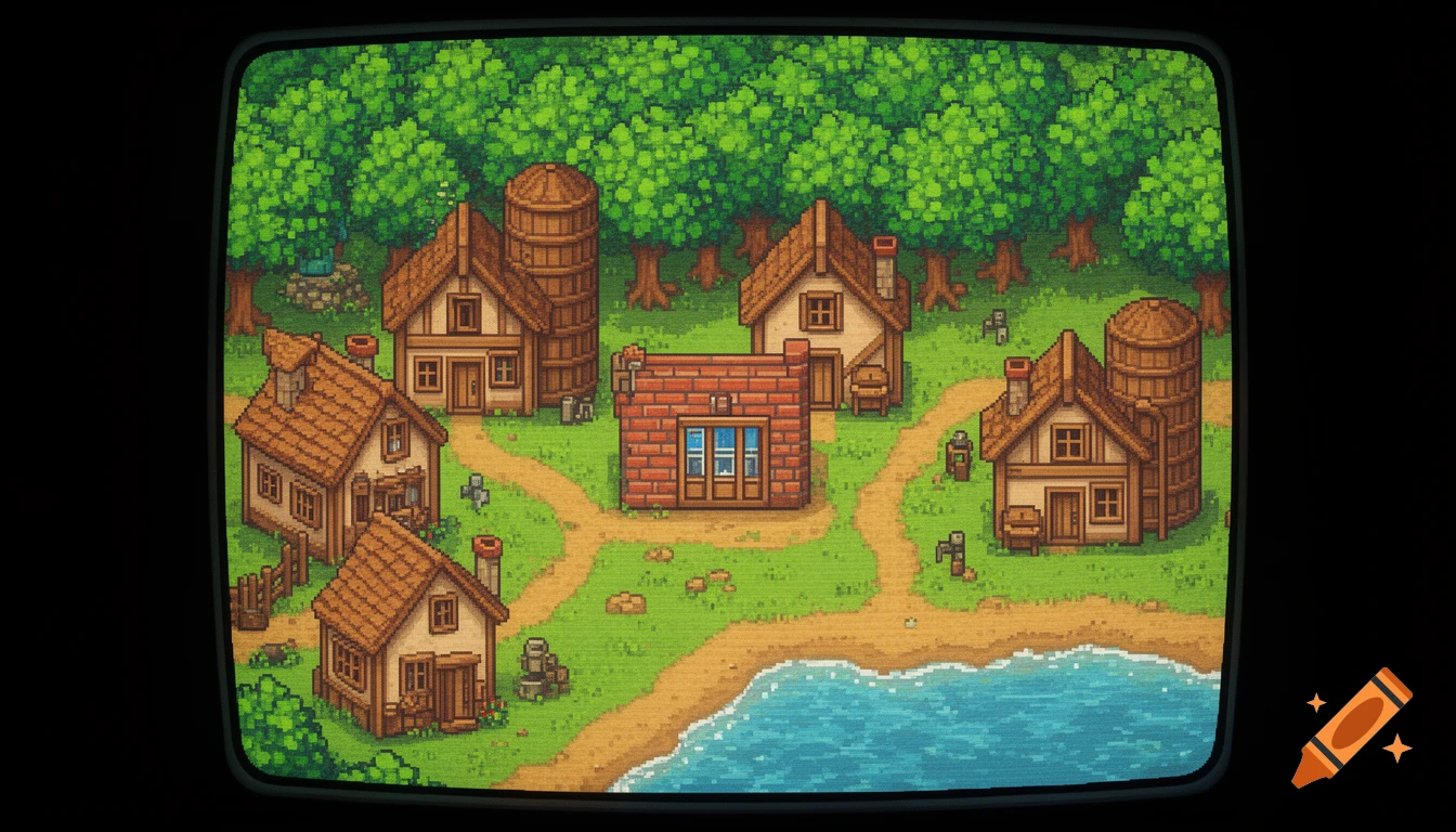 16-bit pixel art of a rural village with houses, silos, dirt paths, green trees, and a lake, displayed on an old CRT screen.