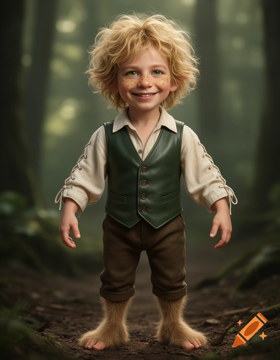 A smiling child with blonde curly hair, green eyes, freckles, and hairy feet, dressed in a green vest and white shirt, stands in a forest.
