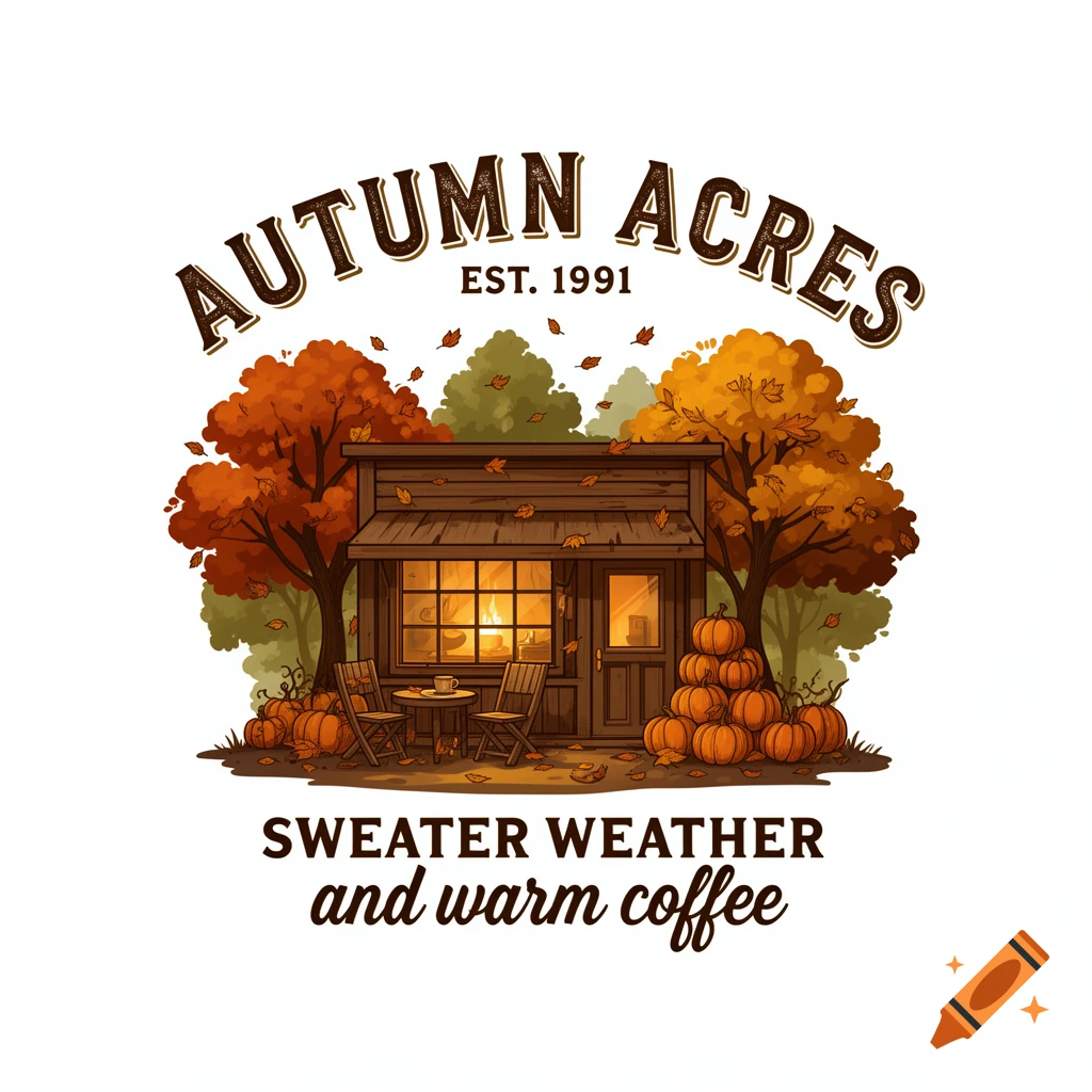 A nostalgic vector illustration of an autumn coffee shop with pumpkins, falling leaves, and text 'Autumn Acres Est. 1991' and 'Sweater Weather and warm coffee'.
