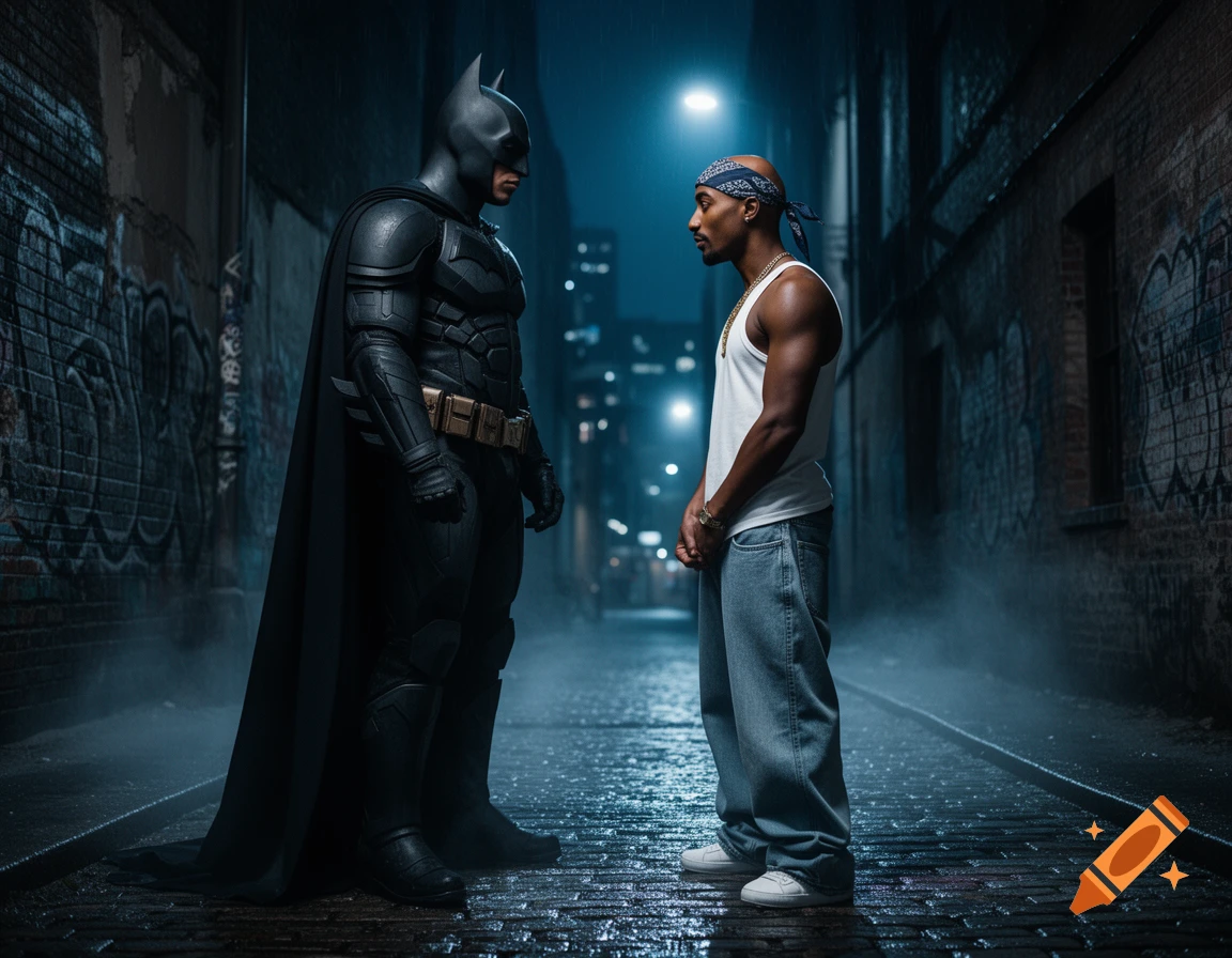Batman and Tupac stand facing each other in a dimly lit, rain-slicked urban alleyway with graffiti-covered brick walls and distant city lights.