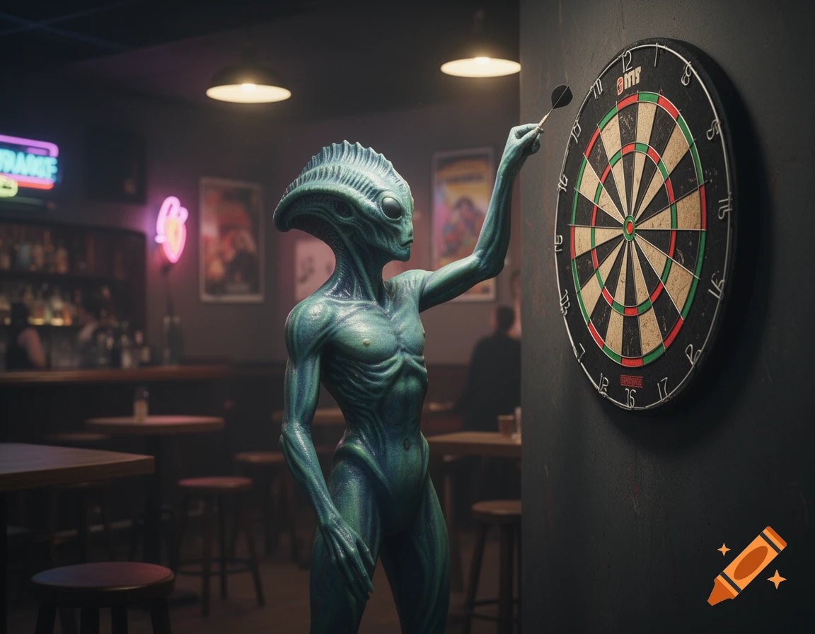 A photorealistic green-skinned alien with a crest playing darts in a dimly lit bar.