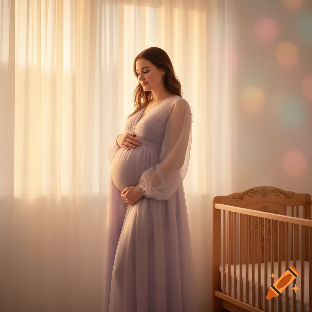 A pregnant woman in a light purple dress cradles her belly, standing near a window with sheer curtains and a wooden crib.