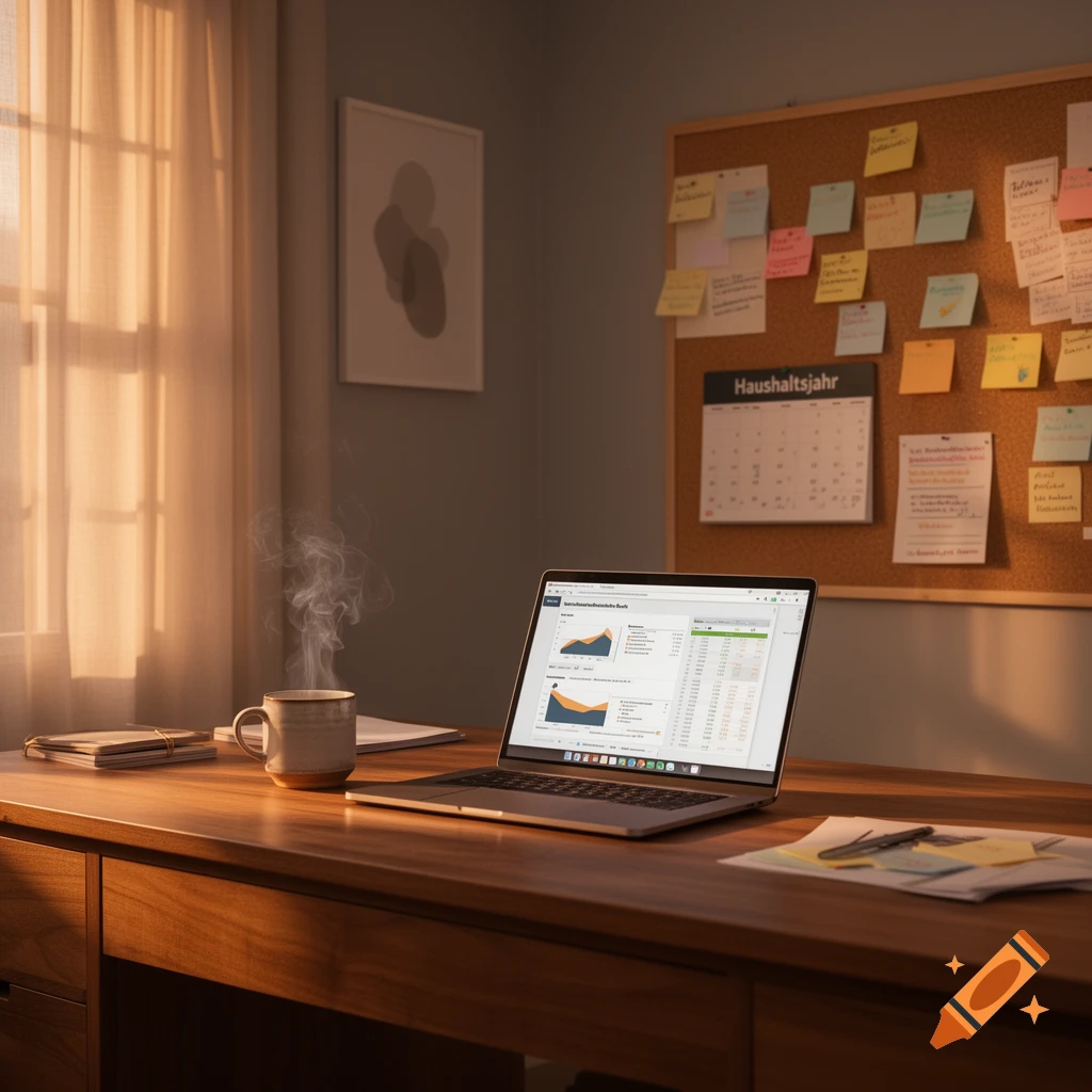 A photorealistic image of a desk with a laptop showing financial charts, a steaming coffee mug, and a corkboard.